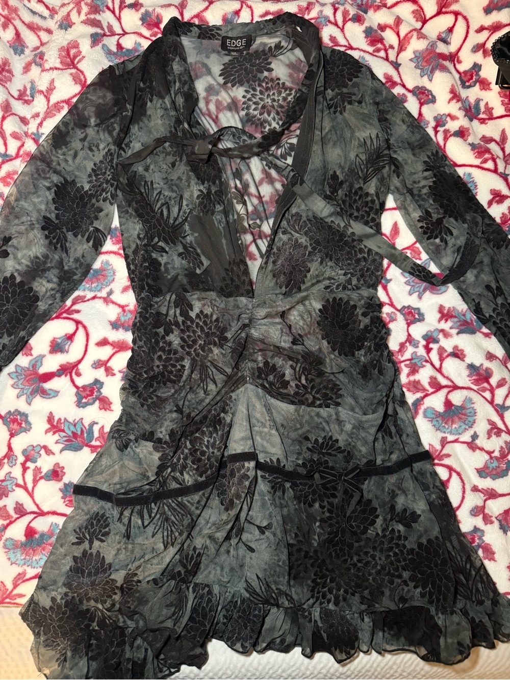 EDGE Black Floral Sheer Wrap Dress